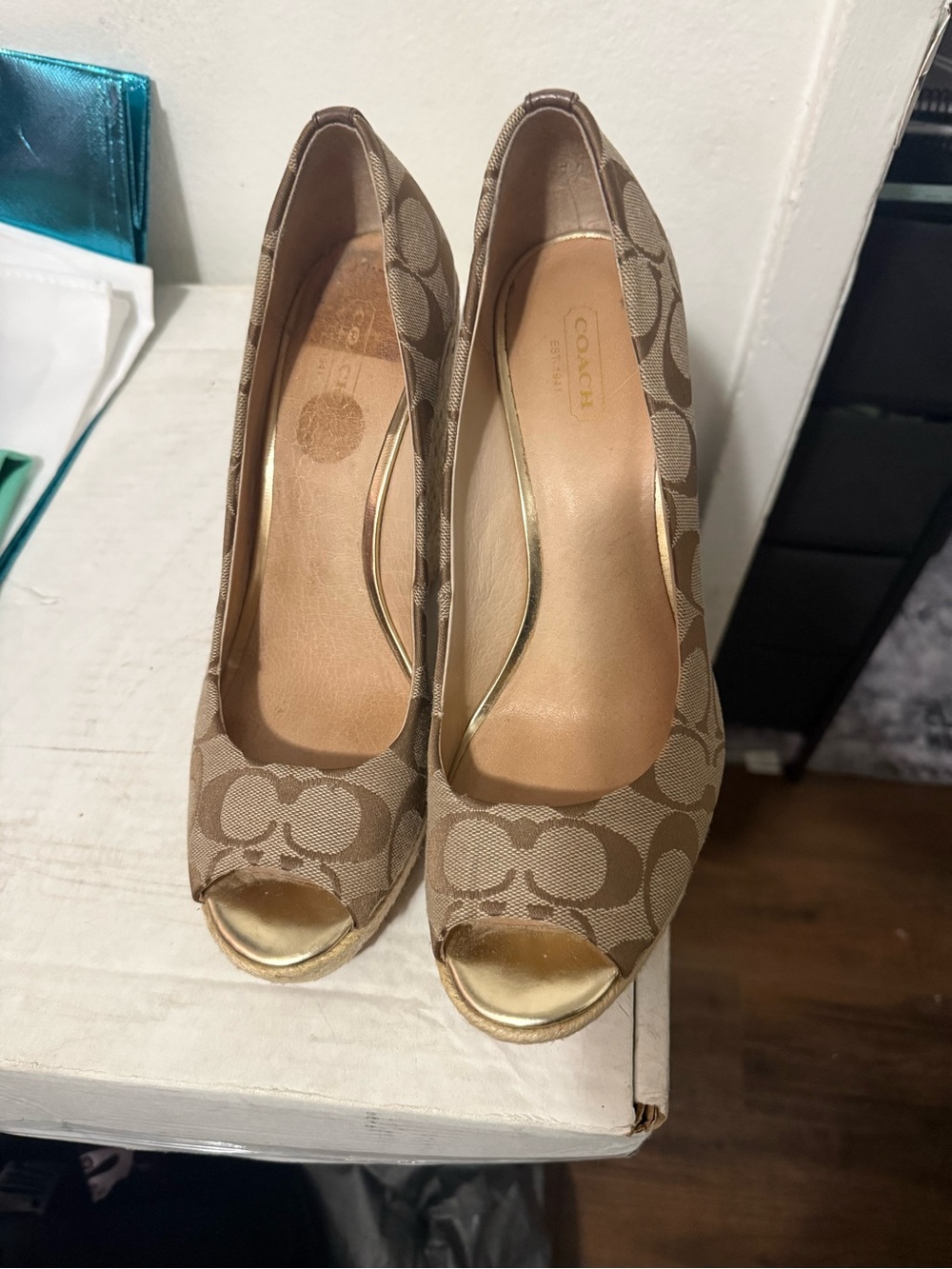 Coach Signature Canvas Peep-Toe Heels in Brown and Gold
